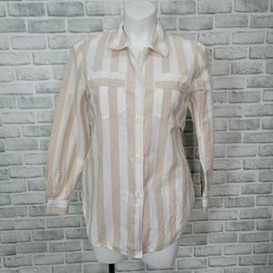 Vintage 90s Together Womens L Button Front‎  Beige White Striped Long Sleeve Top